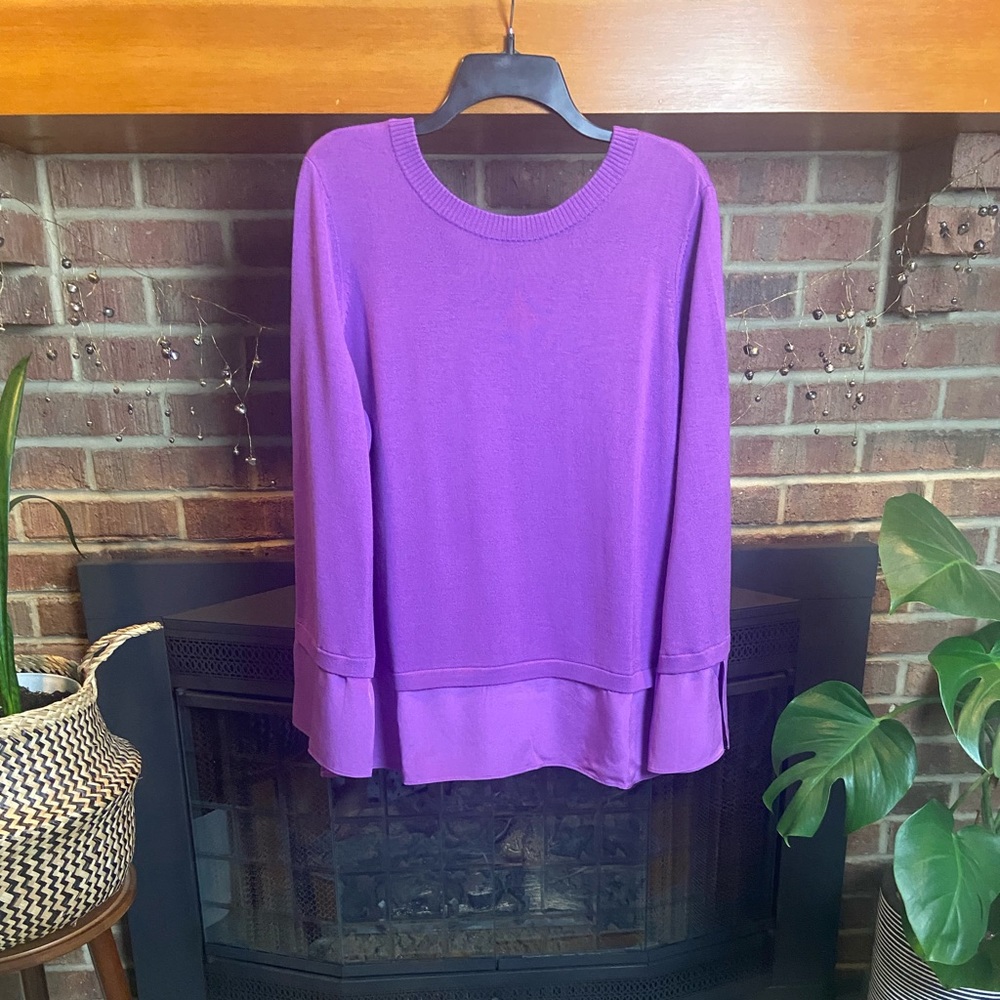 ST. JOHN Purple Knit Sweater with Silk Hem and Tie Back, Size L